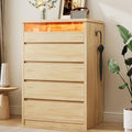 Jocoevol 5 Drawer Dresser for Bedroom with LED Light, Modern Chest of Drawers with Hidden Handles, Large Tall Wooden Dresser Closet for Living Room, Entryway, Hallway - Natural Oak