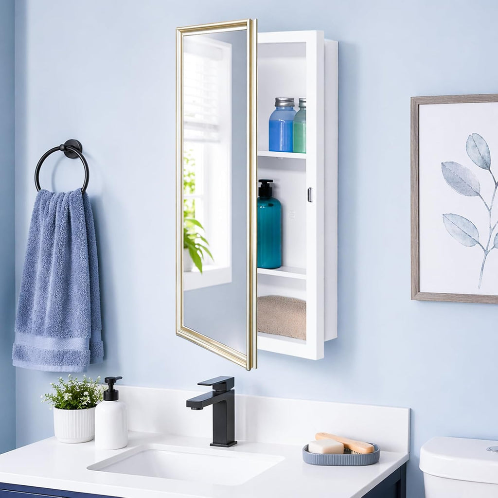 Fundin 16 x 26 White Metal Mirror Cabinet for Bathroom, Gold Beveled Frame Mirror, Recessed or Surface Mount Medicine Cabinet with Adjustable Shelves and Piano Hinge