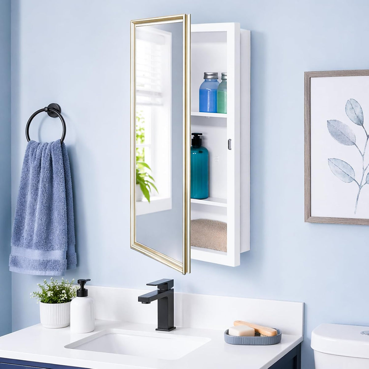 Fundin 16 x 26 White Metal Mirror Cabinet for Bathroom, Gold Beveled Frame Mirror, Recessed or Surface Mount Medicine Cabinet with Adjustable Shelves and Piano Hinge
