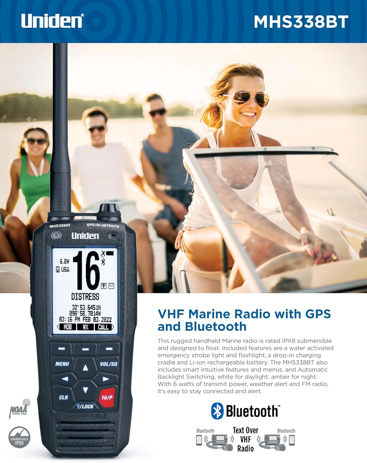 Uniden MHS338BT Floating, Handheld Marine VHF Radio, 6-Watts, GPS and Bluetooth, Submersible IPX8, Emergency Strobe & Flashlight, NOAA Weather Alerts, FM Radio, Chargeing Cradle & Li-ion Battery.