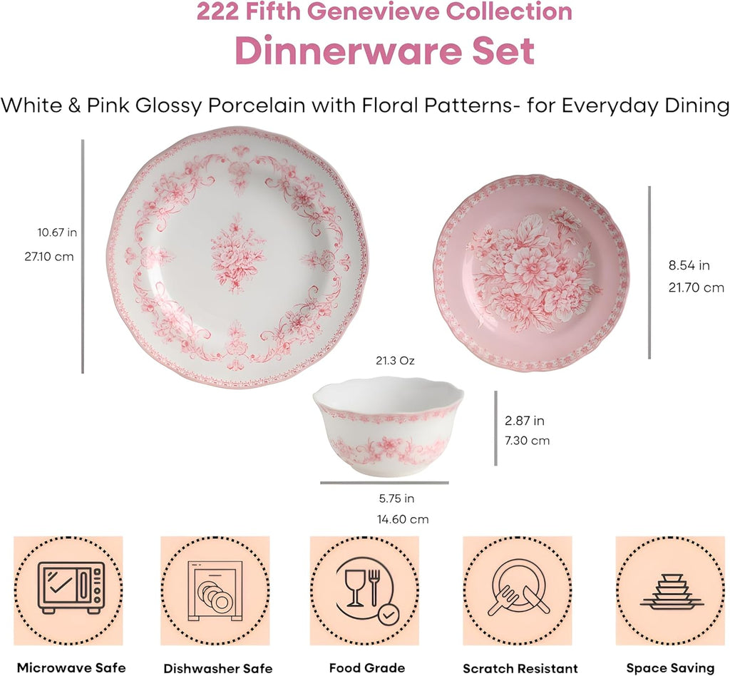 222 Fifth Genevieve 12-Piece Pink Porcelain Dinnerware Set | Microwave and Dishwasher Safe Big Dinner Plates and Bowls Sets for 4 | Chip-Resistant Blush Ceramic | Gifts for Housewarming & Wedding
