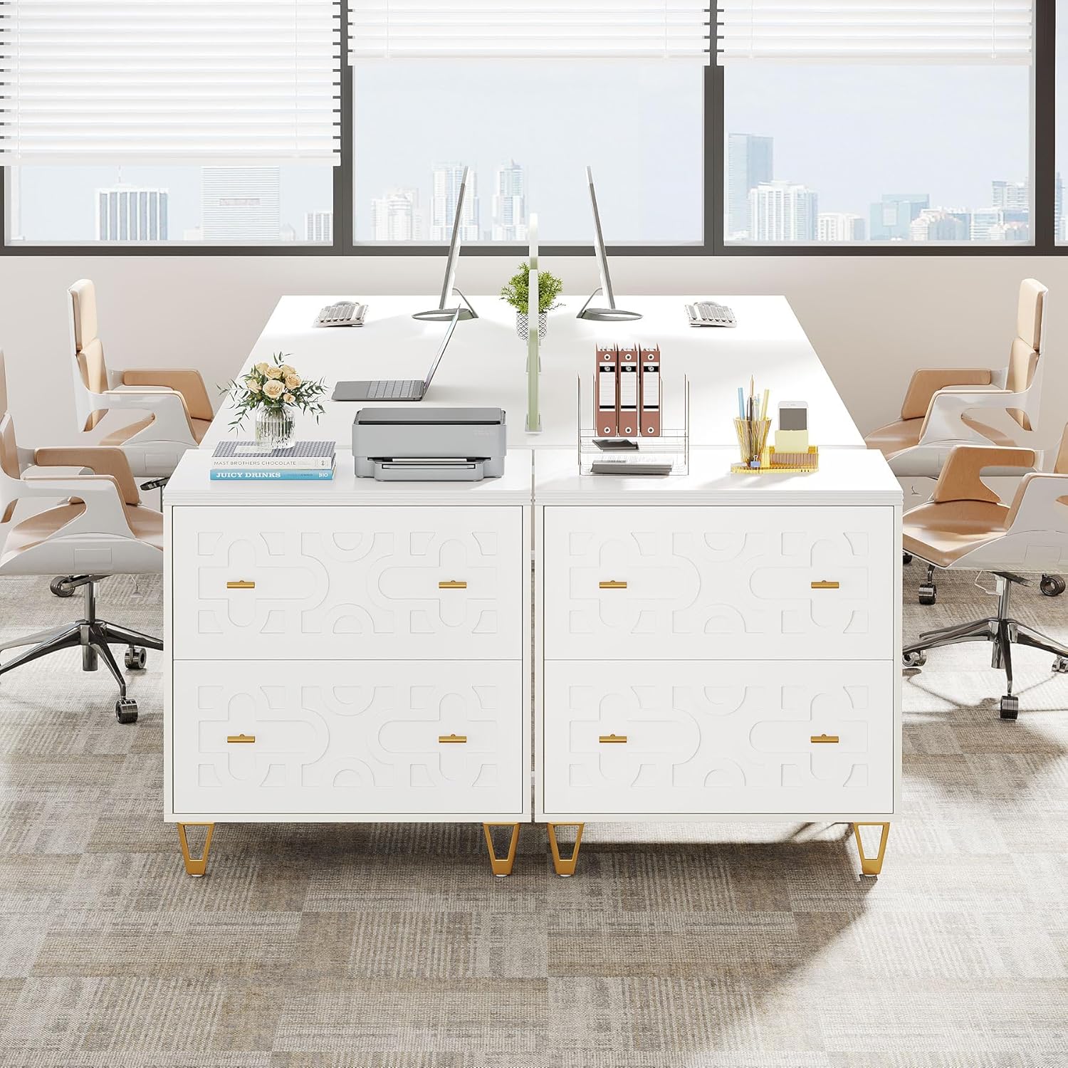 Tribesigns 2-Drawer Lateral File Cabinet, Modern White Filing Cabinet for Legal/Letter/A4 Size, Large Storage Filing Cabinet Printer Stand for Home Office, Warm White and Gold