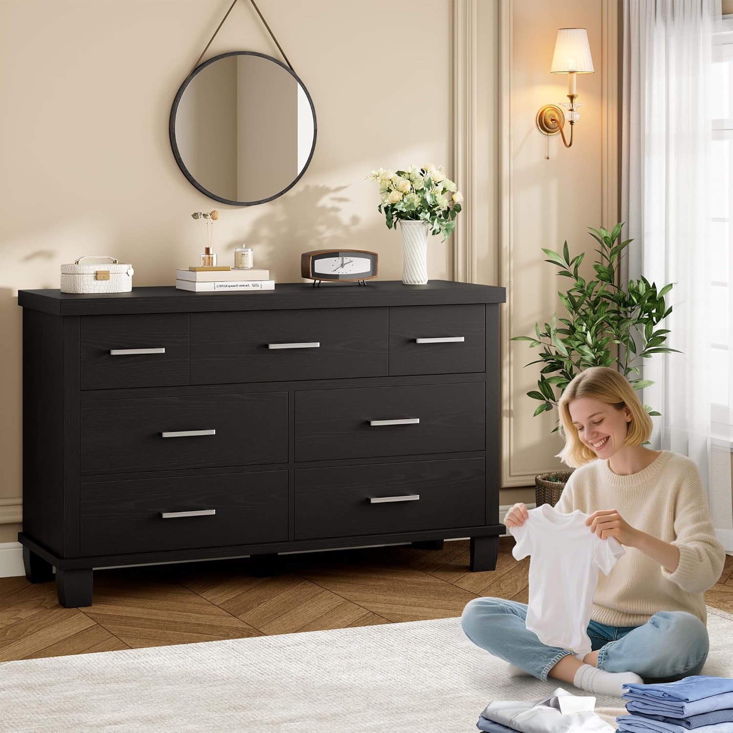 IDEALHOUSE Dresser for Bedroom with 7 Drawers, Storage Chest of Drawers with Metal Handle, Wooden Dresser Organizer for Living Room,Closet,Entryway,Nursery