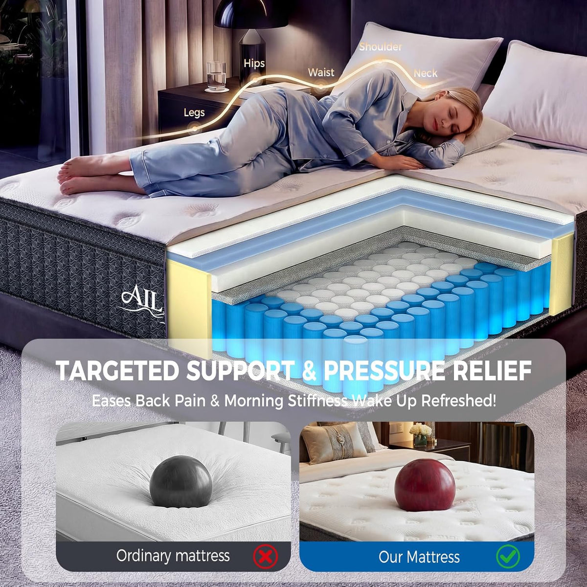 ailis Queen Mattress, 14 Inch Queen Hybrid Mattress in a Box, Medium Firm with Upgraded Pocket Springs for Superior Motion Isolation, Strong Edge Support & Breathable Comfort