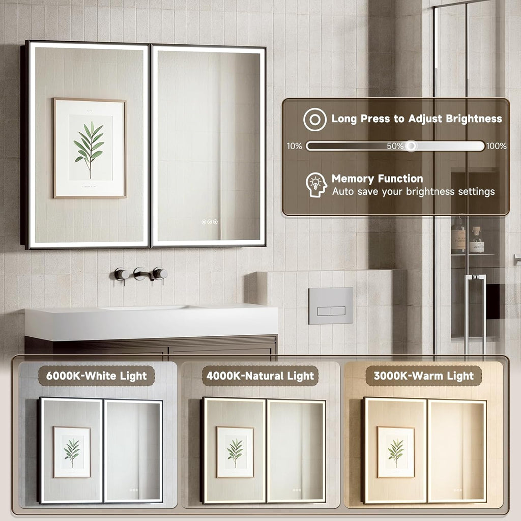 16X24 Inches Framed Medicine Cabinet with Lights, Bathroom Medicine Cabinet with 3-Color/Dimmable, Anti-Fog, Plug-in & Hardwired, Surface Mount & Recessed