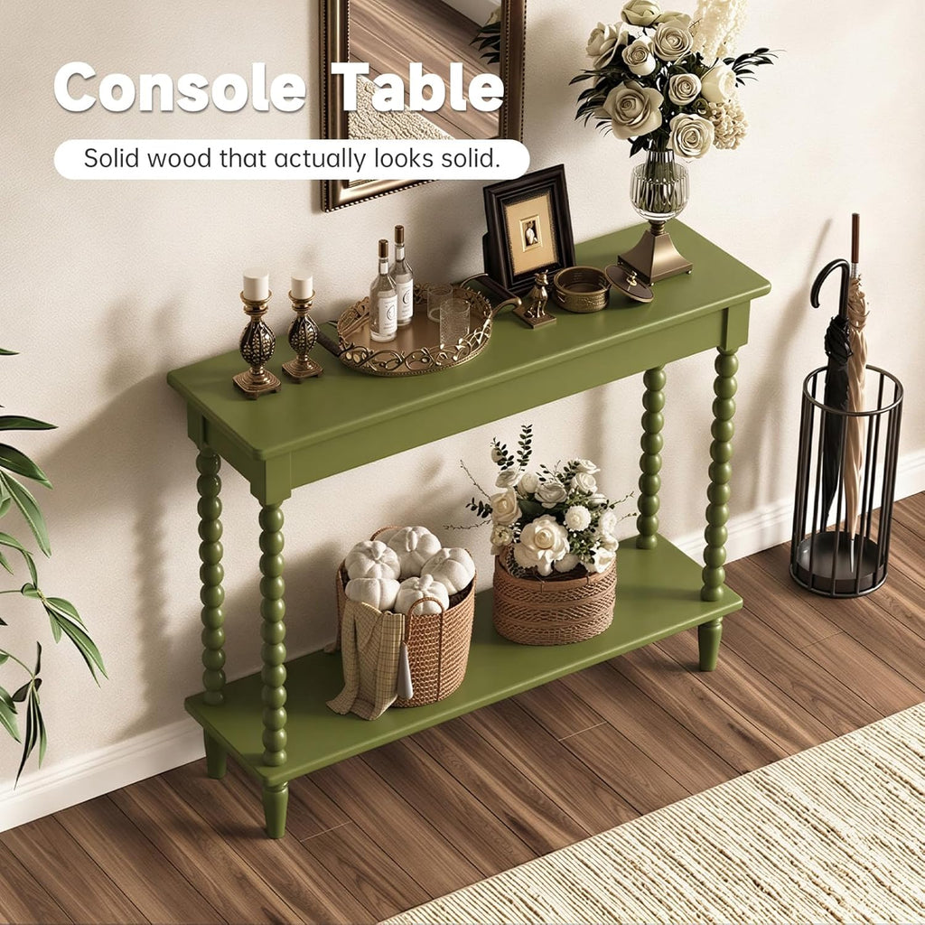 45'' Vintage Console Table, 100% Solid Wood Tall Entryway Table with 2-Tier Storage for Entrance, Hallway, Foyer, Living Room, Narrow Couch Table Behind Sofa, Minimal Assembly, Green