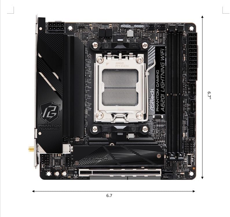 ASRock A620I Lightning WiFi AMD AM5 Mini-ITX Motherboard, Supports AMD Ryzen 9000/8000/7000 Series Processors, DDR5 7200+ (OC), PCIe 4.0, 2.5G LAN, WiFi 6E, 8+2+1 Power Phase