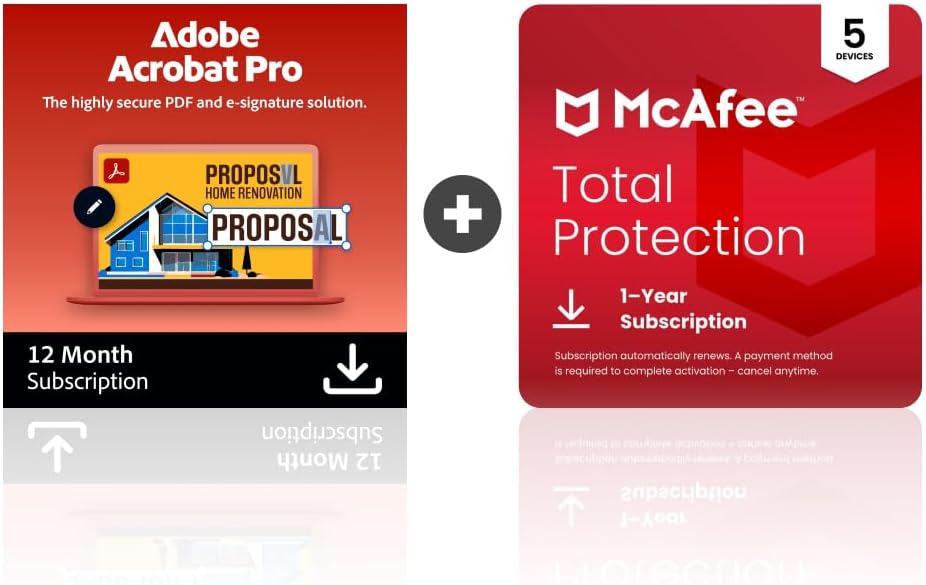 Adobe Acrobat Pro + McAfee Total Protection 5-Device Software Bundle | Create, Edit, E-Sign PDFs | Antivirus Software, Scam Protection, Identity Monitoring | 12-Month Subscription | Digital Download