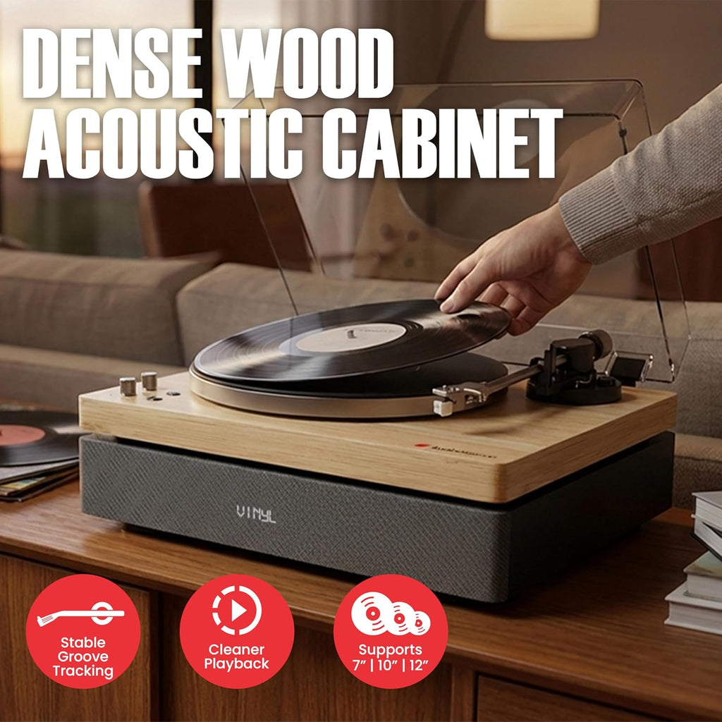 AudioSource Vinyl Record Player, All-in-one Turntable with 2.1 Channel Built-in Speaker, Bluetooth 5.4, 120W, Built-in Subwoofer, High Fidelity 2-Speed Belt Drive, Patented Isolation System, AT-3600L