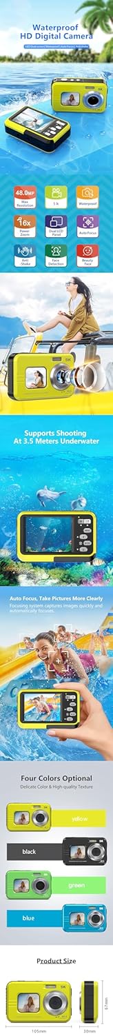 Underwater Camera 48MP for Snorkeling & Kids, Beginner-Friendly Waterproof Digital Camera with Dual Screens, Autofocus, Floating IP68 Design, 16X Zoom for Travel & Beach