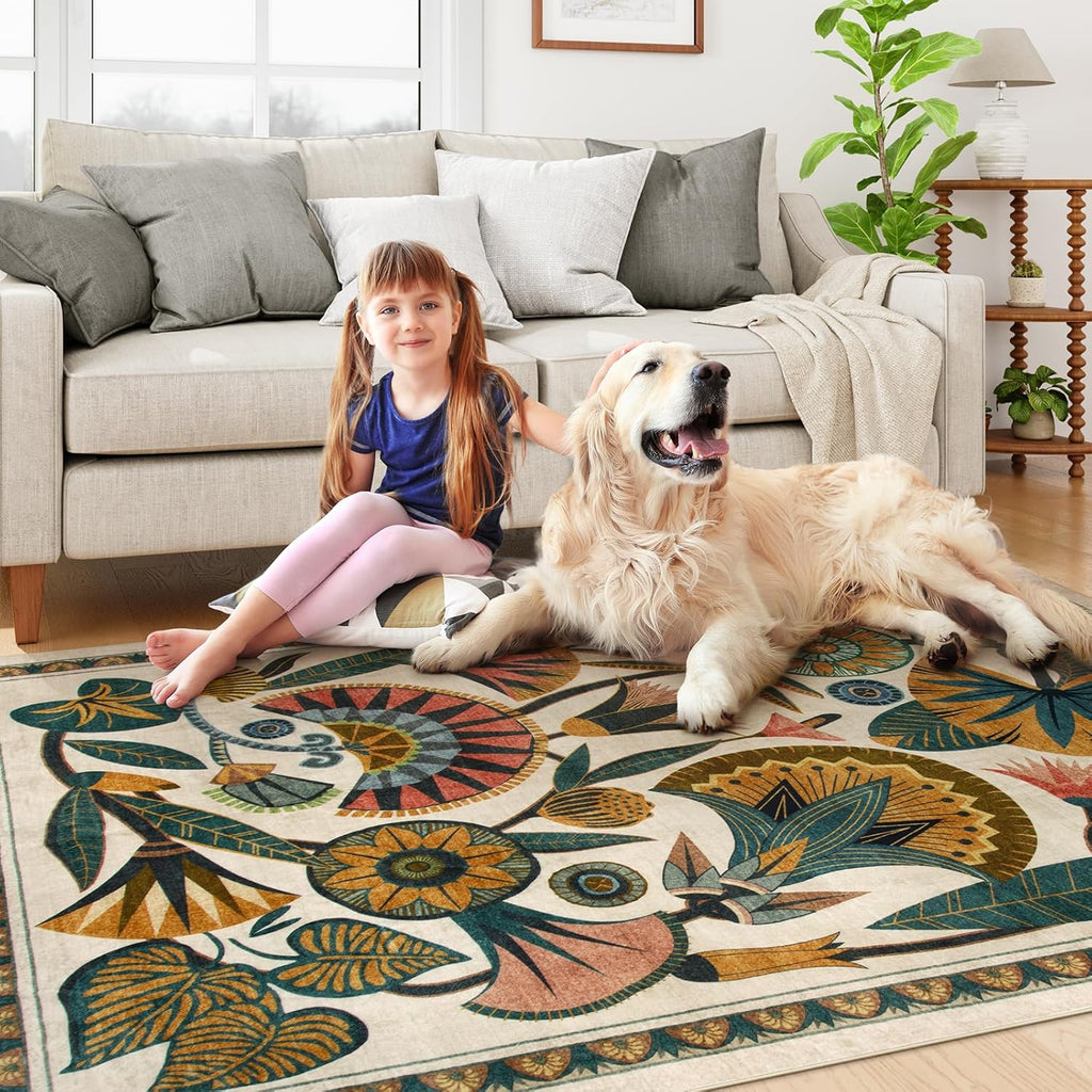 Zealude Beige 8x10 Area Rugs for Living Room, Soft Washbale Bedroom Rugs, Non Slip Low Pile Dining Room Rug, Stain Resistant Large Rug for Playroom Office Kitchen Indoor
