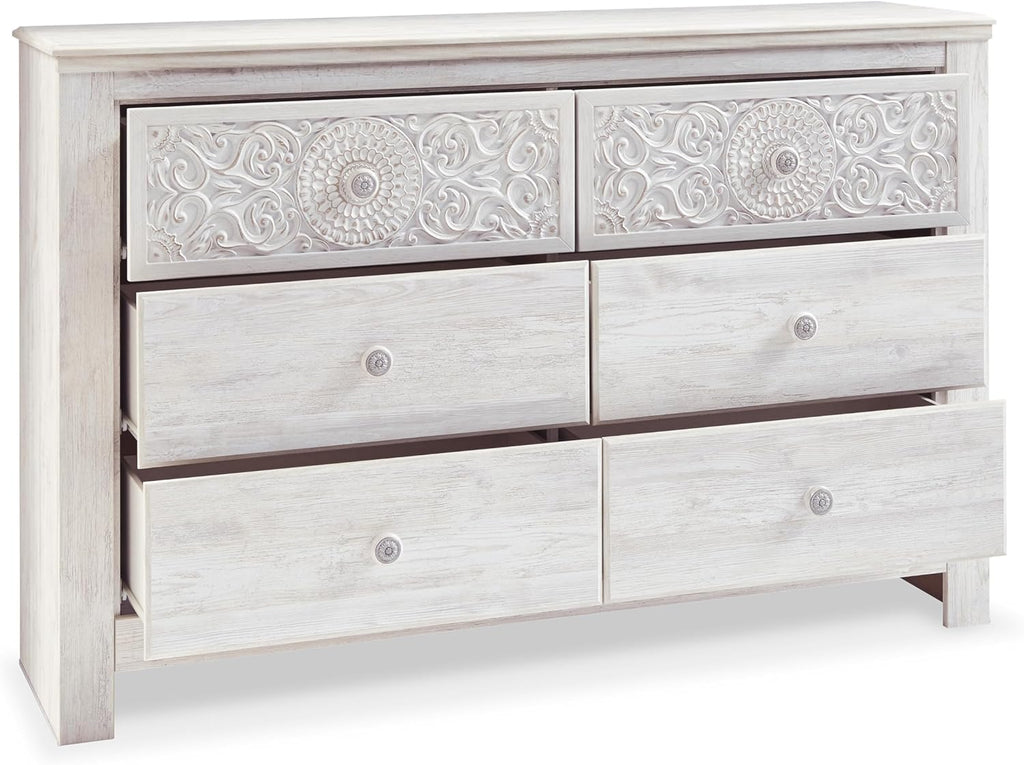 Signature Design by Ashley Paxberry Boho 6 Drawer Dresser, Smooth-gliding Faux Laminate Lined Drawers, Wood, 61.26" W x 15.83" D x 40" H, Whitewash