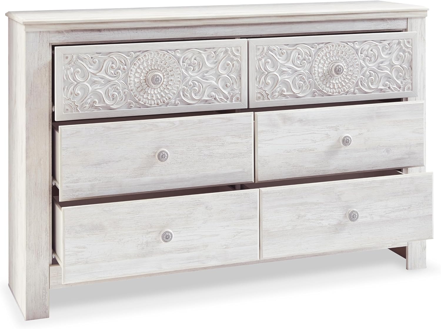 Signature Design by Ashley Paxberry Boho 6 Drawer Dresser, Smooth-gliding Faux Laminate Lined Drawers, Wood, 61.26" W x 15.83" D x 40" H, Whitewash