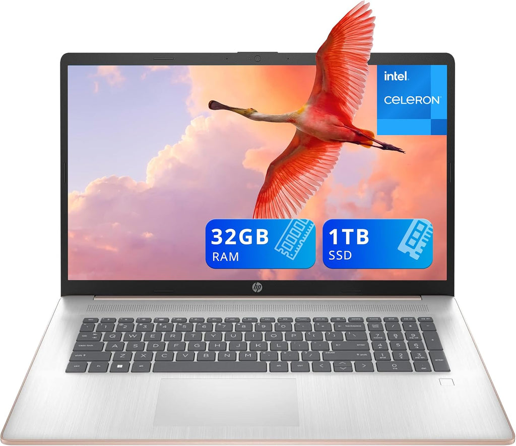 HP 17.3" HD+ BrightView Laptop, Intel Celeron N4120, 32GB RAM, 1TB SSD, Intel UHD Graphics, Numeric Keypad, HD Webcam, Wi-Fi, Windows 11 Home, Rose Gold (Renewed)