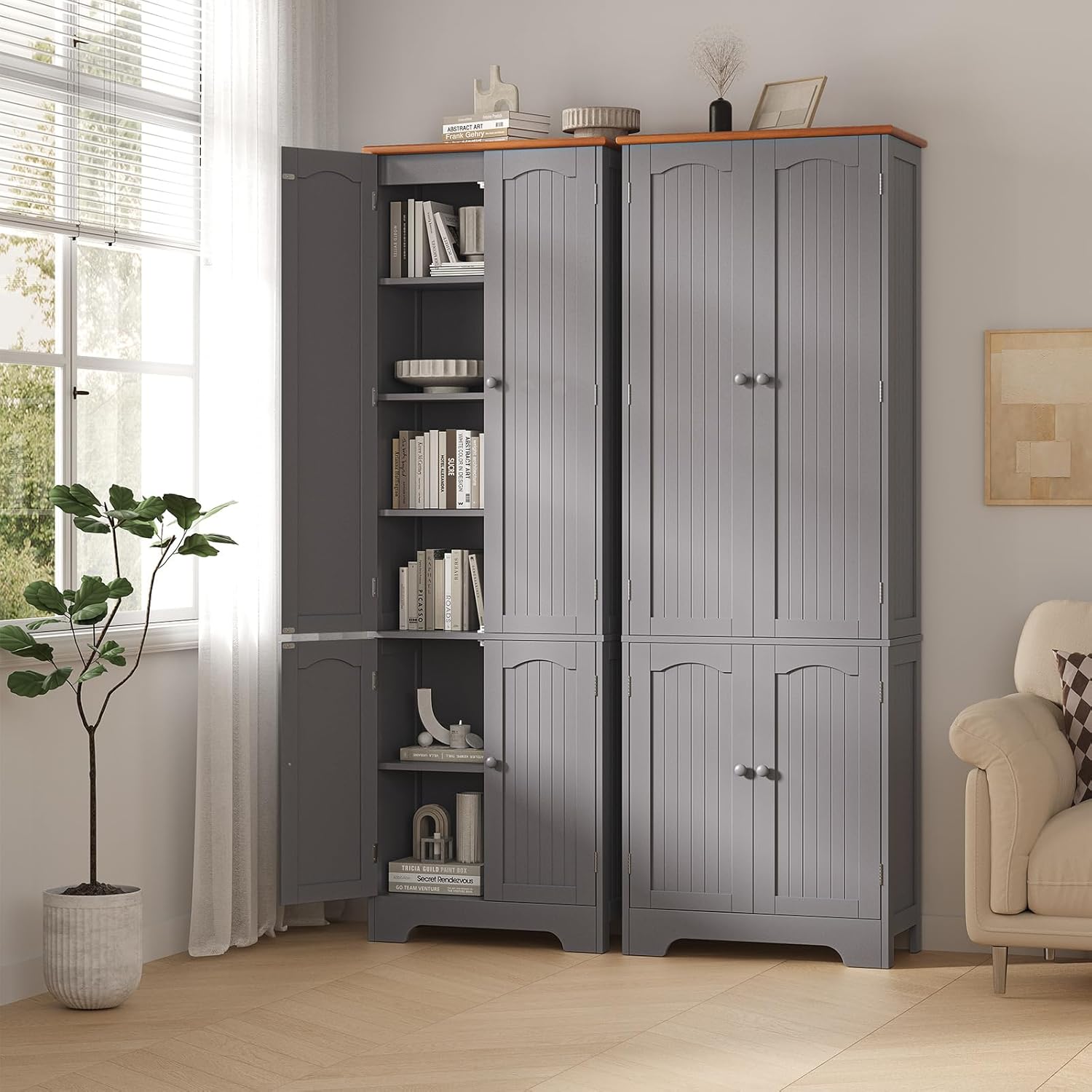 4 Door Pantry -72.2'' Kitchen Cabinet with Adjustable Shelves, Freestanding Cupboard, Tall Storage Cabinets for Dining Room, Living Room, Laundry, Bathroom, Entryway, Grey