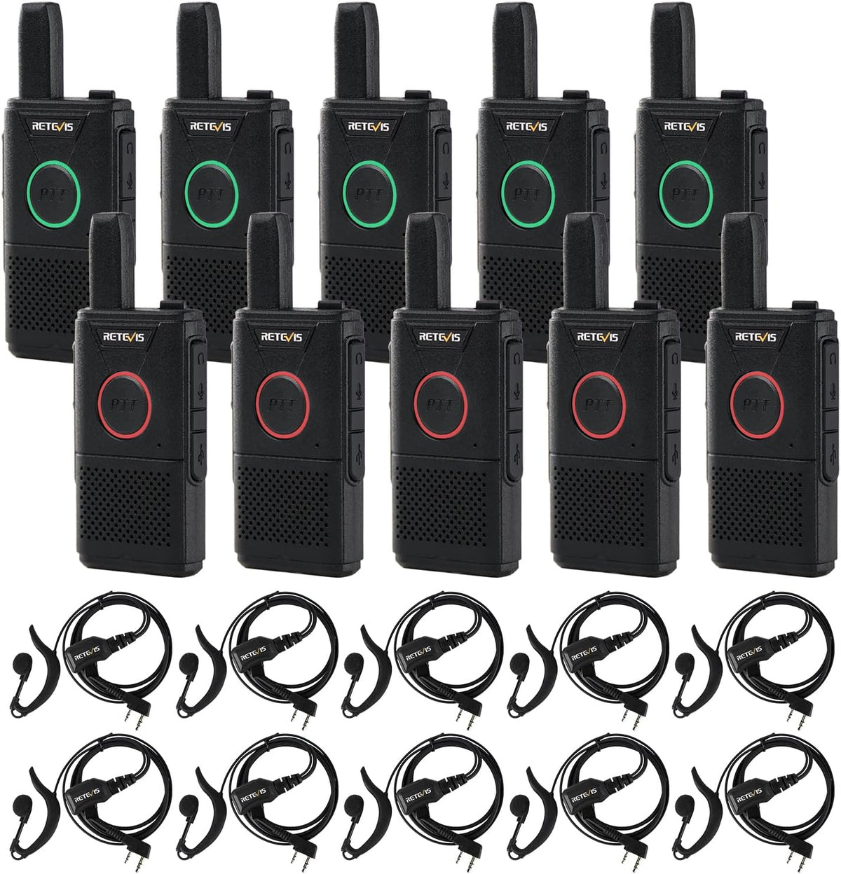 Retevis RT18 Walkie Talkies with Earpiece,2 Way Radios Long Range,Dual PTT,Short Antenna,Center Led, Compact, Rechargeable Two Way Radio for Adults Healthcare School Automotive Restaurant (10 Pack)