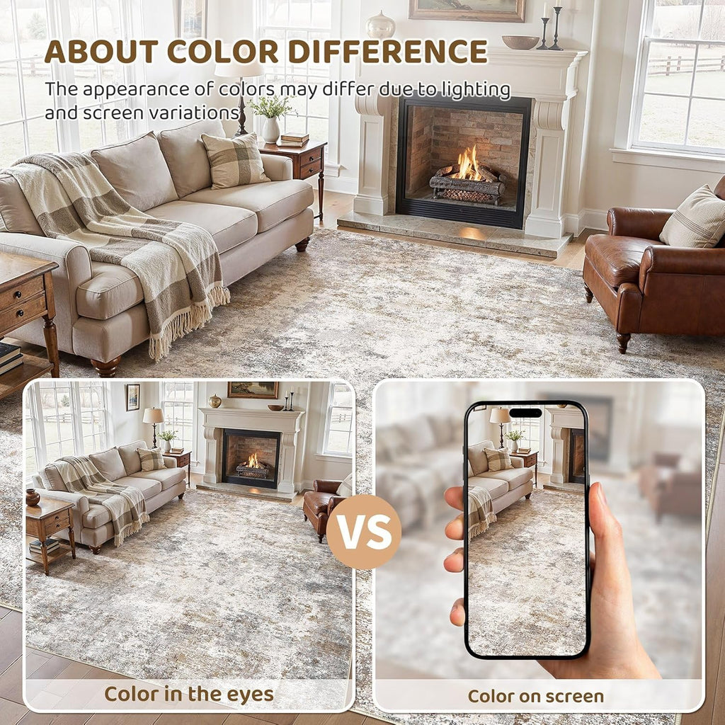 UERMEI 10x14 Area Rug Living Room Rugs - Washable Neutral Modern Abstract Soft Thin Large Rug Indoor Floor No Slip Rug Carpet for Bedroom Under Dining Table Home Office Decor - Brown Grey