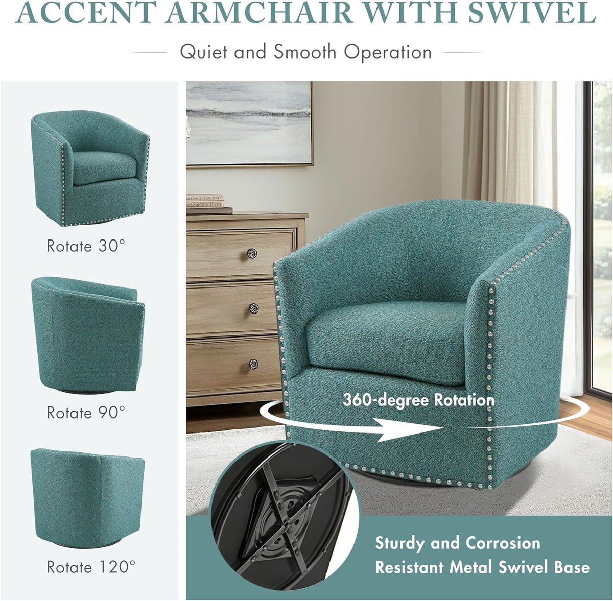 Madison Park Swivel Barrel Accent Chair, Upholstered Curved Back with 7-Inch Thick Woven Cushion, 360° Swivel, Nailhead Trim, Comfy Chair for Living Room, Bedroom, Office, 28" Wide, Teal, Tyler