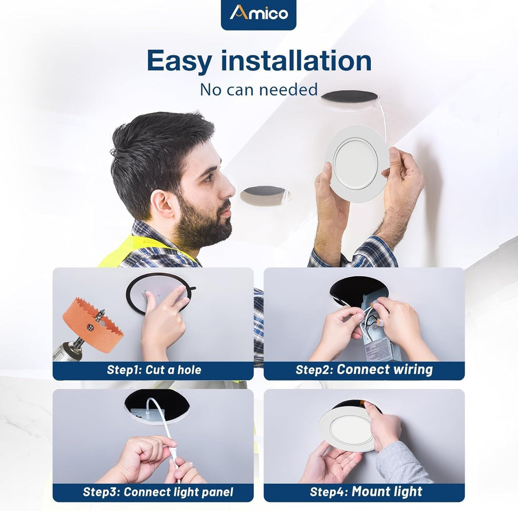 Amico 12 Pack 6 Inch 5CCT Gimbal LED Recessed Ceiling Light, 360°&90° Adjustable Eyeball Directional Can Lights, Dimmable Retrofit Wafer Downlight with Jbox, 12W 1200LM CRI90+, White, ETL&FCC