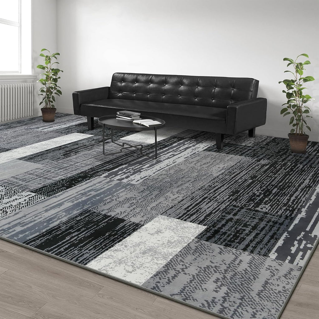Large Area Rugs,Modern Geometric Patchwork Floor Decor for Bedroom Aesthetic Carpet, Rockwood Collection, Indoor Rugs for Living Room, Dining Room, Nursery, Office, Machine Washable Rug,9x12 Ft Grey