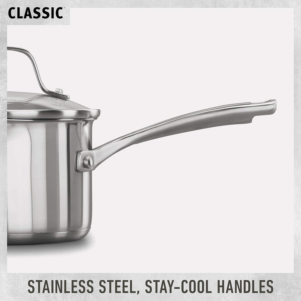 Calphalon Classic Stainless Steel Cookware Set, 10-Piece, Impact-Bonded Aluminum Base, Stay-Cool Handles, Oven Safe 450F, Silver