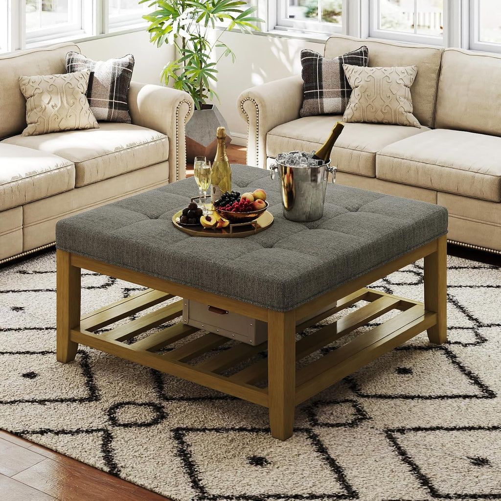 Befurtori Large Square Ottoman Coffee Table, Linen Solid Upholstered Footrest Ottoman with Solid Wood Shelf Storage Tufted Coffee Table for Bedroom Living Room, Granite