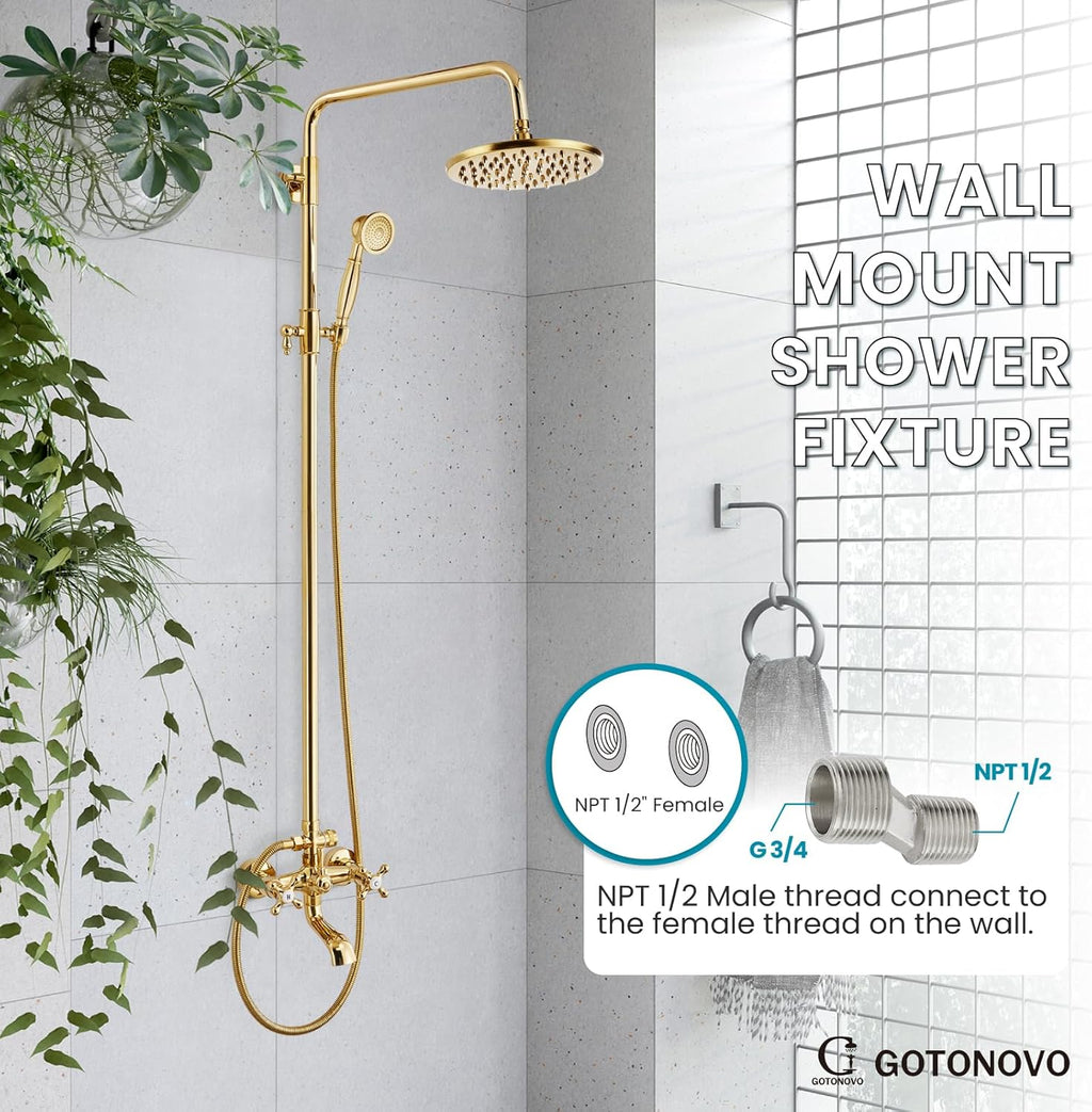 gotonovo Exposed Shower Faucet Set 8 Inch Rainfall Showerhead 3-Function Shower Fixture with Tub Spout 2 Corss Handles Shower System, Polish Gold
