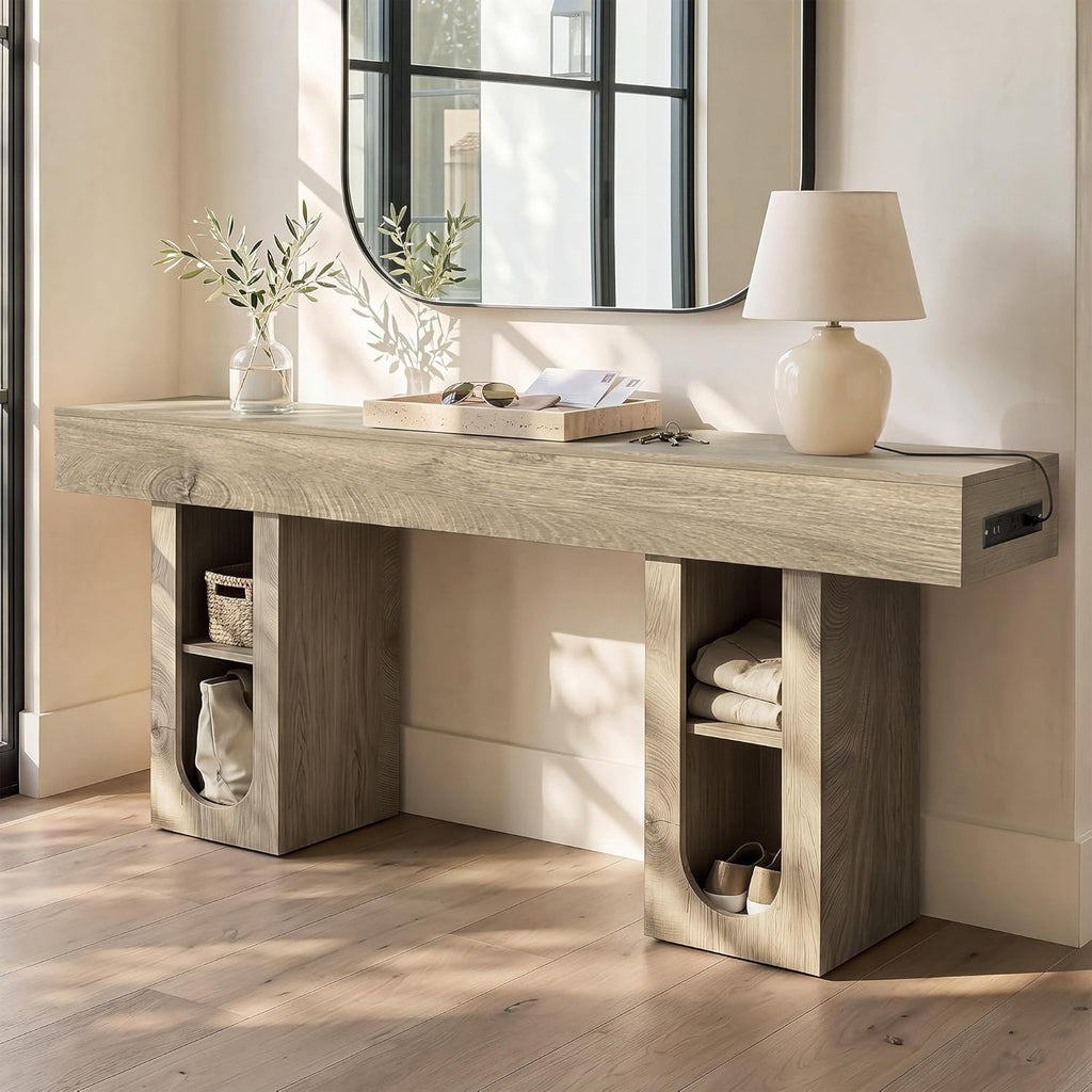 63 Inch Long Console Table with Outlet, Entryway Table with Storage Shelves, Thick Heavy Duty High Density MDF Farmhouse Sofa Table for Hallway Behind Couch,Living Room（Natural）
