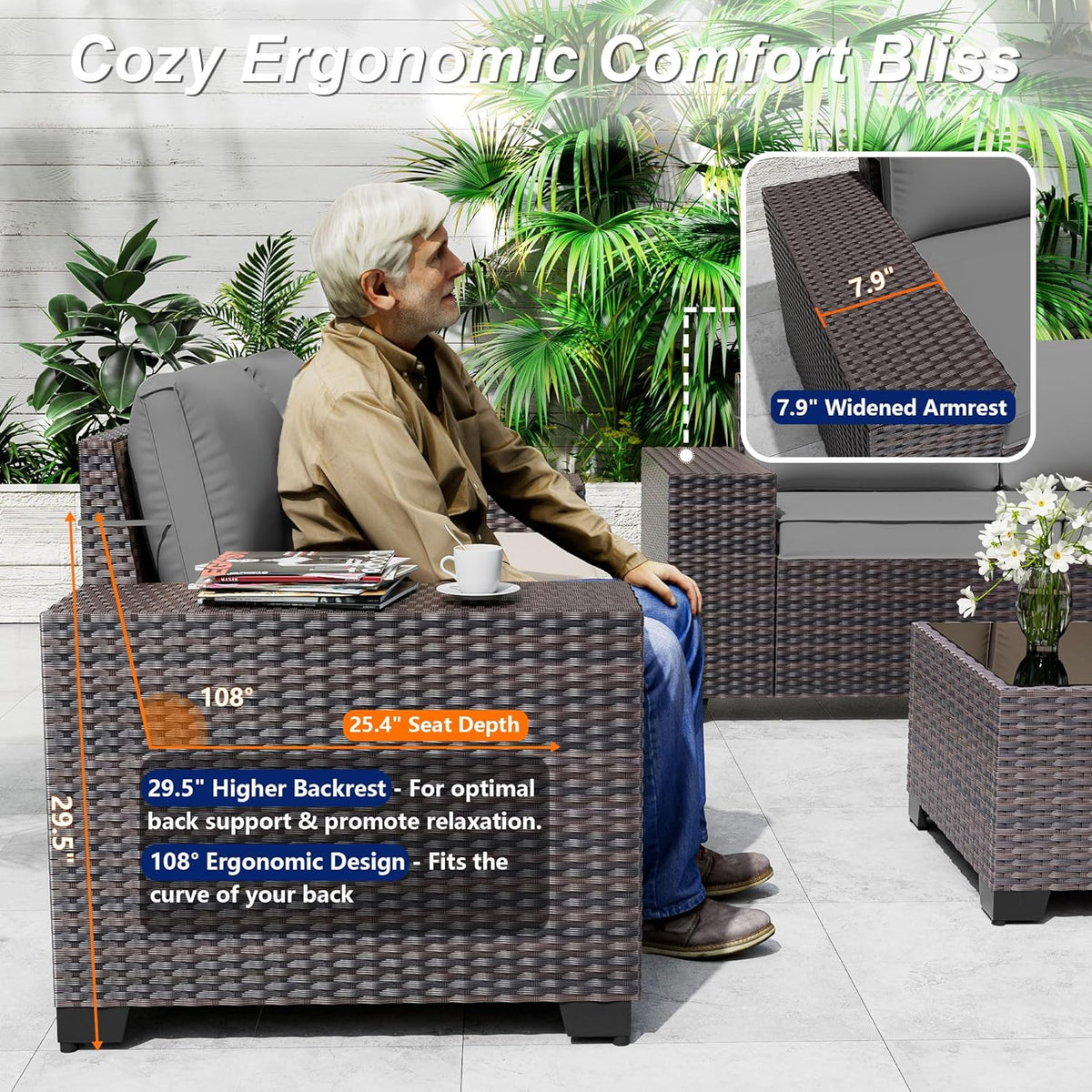 Outdoor Patio Furniture Set, 6 Pieces Outdoor Sectional Furniture High Backrest Patio Sofa, All-Weather PE Rattan Patio Conversation Set with Coffee Table & Cushions