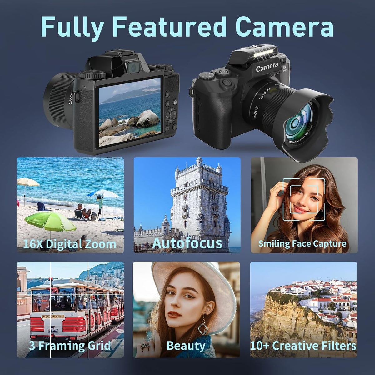 8K Digital Camera, 64MP WiFi Cameras for Photography with 4" Touchscreen, Vlogging Camera for YouTube with 16X Zoom Autofocus Dual Lens, 3000mAh Battery, 32GB Card & Lens Hood (Black)