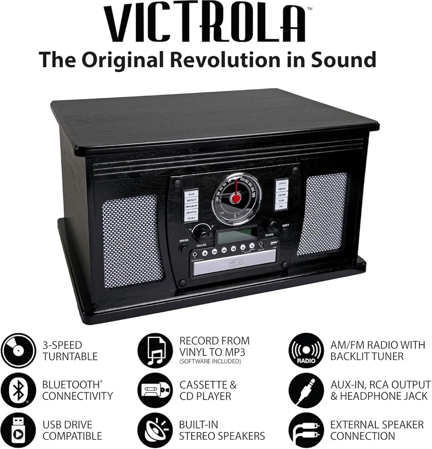 Victrola Aviator 8-in-1 Bluetooth Record Player & Multimedia Center with Built-in Stereo Speakers - 3-Speed Turntable, Vinyl to MP3 Recording, Wireless Music Streaming, Mahogany