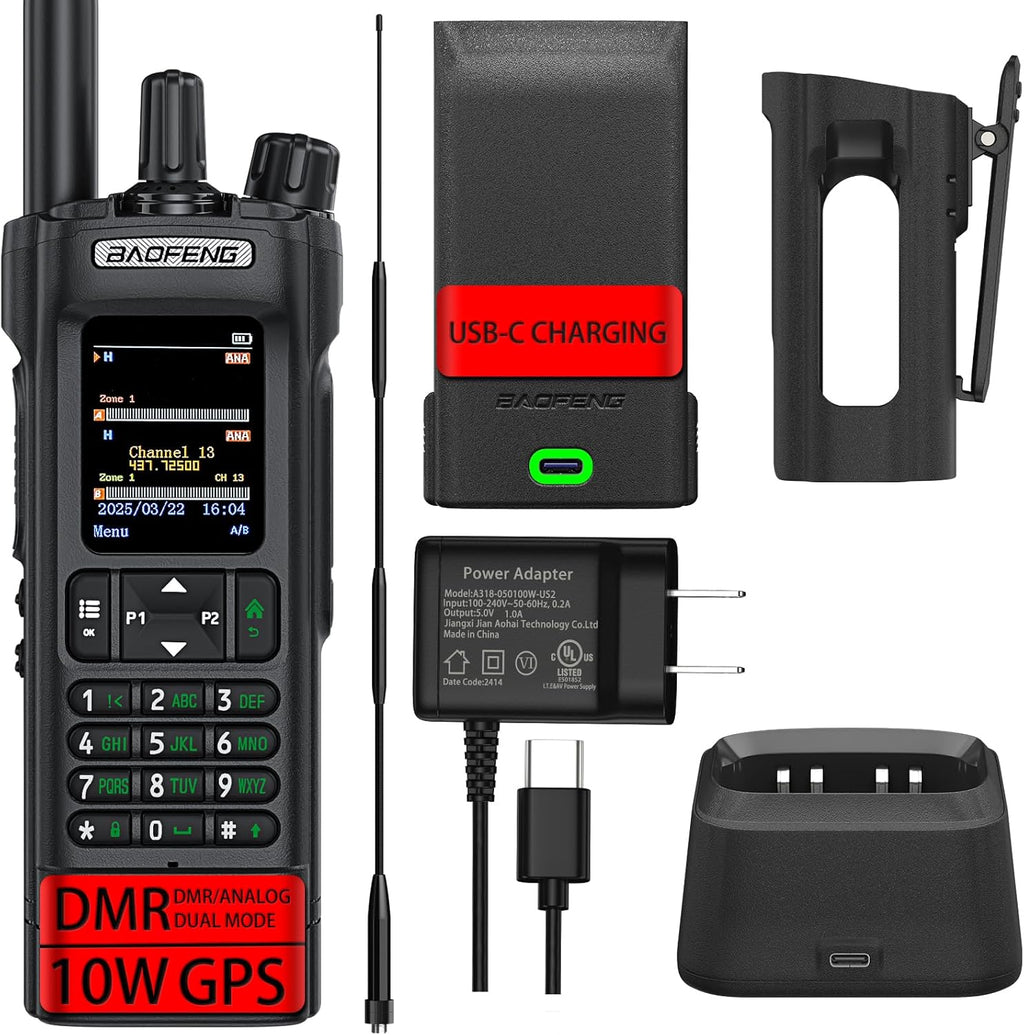 BAOFENG DM32 Dmr Radio,DM-32 Handheld Radio with USB-C Charging, GPS, 10W Long Range DM32UV Walkie Talkie for Emergency Rescue & Outdoor Sports (1Pack Black+Dual Section Antenna+Radio Holster)
