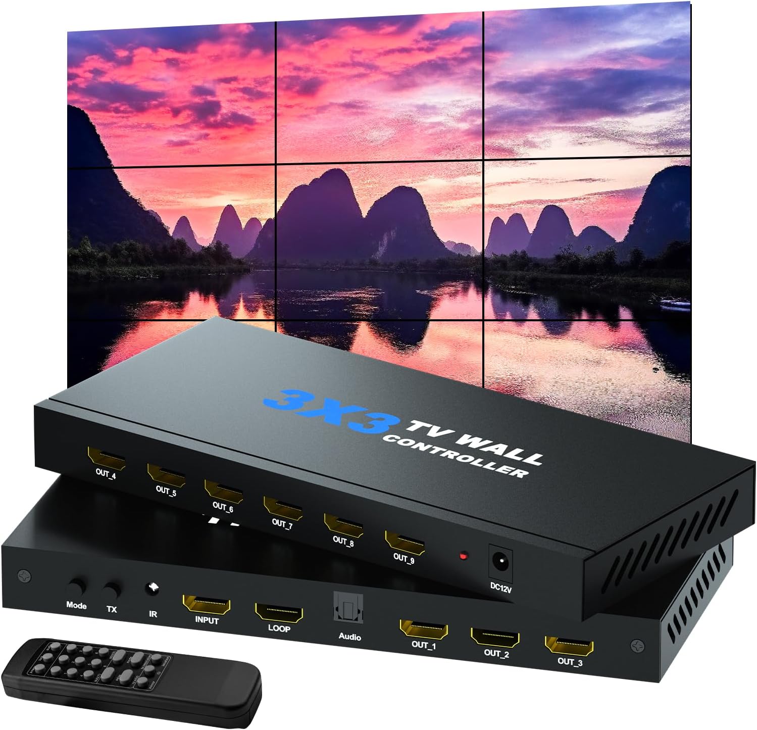 Video Wall Controller, TV Wall Processor 3x3 4K Input & 1080P HDMI Output for 9 TV Splicing Display, 180 Degree Rotate, 14 Splicing Modes 3x3 3x2 2x2 3x1 1x4 2x3 4x2 2x4