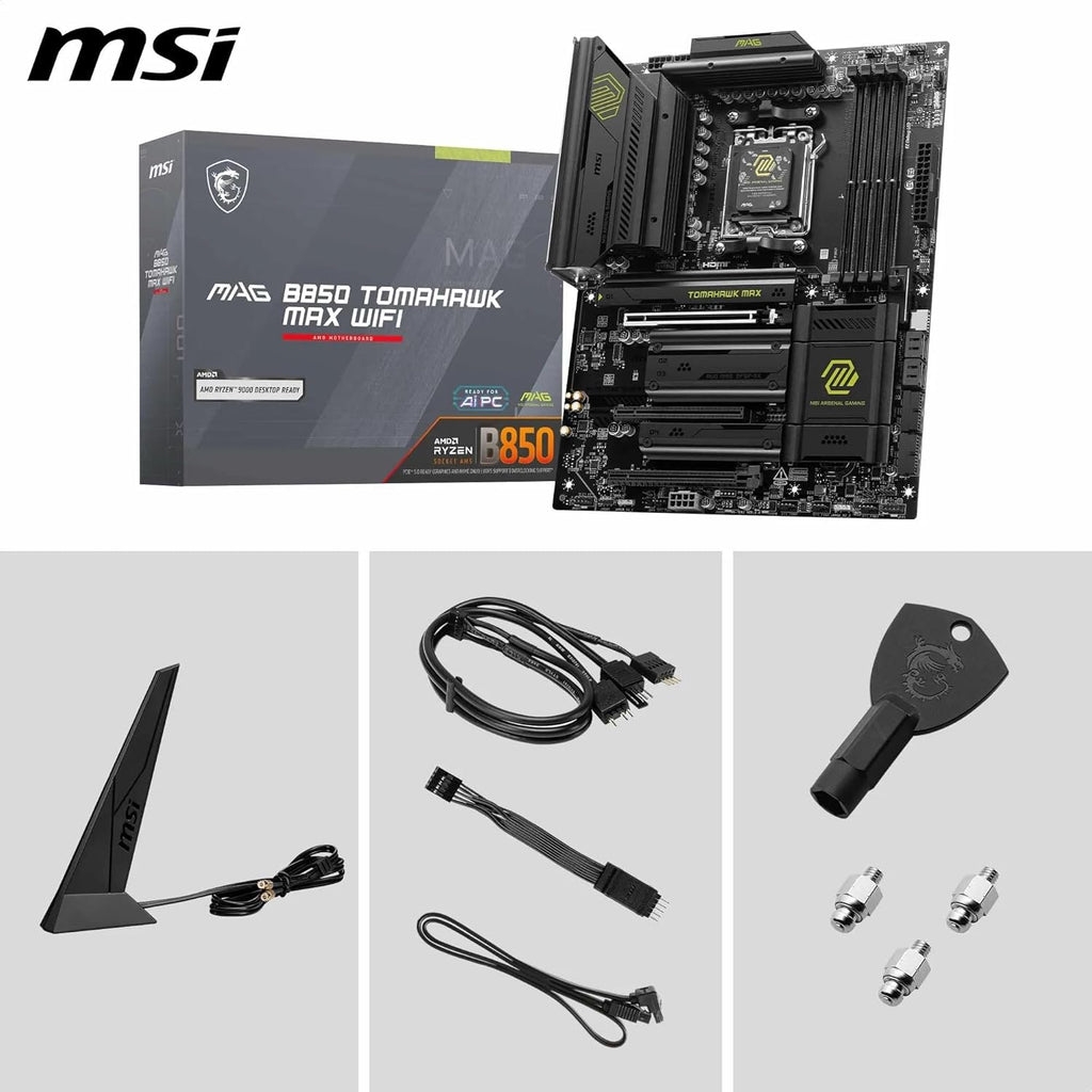 MSI MAG B850 Tomahawk MAX WiFi Motherboard, ATX - Supports AMD Ryzen 9000/8000 / 7000 Processors, AM5-80A SPS VRM, DDR5 Memory Boost 8400+ MT/s (OC), PCIe 5.0 x16, M.2 Gen5, Wi-Fi 7, 5G LAN