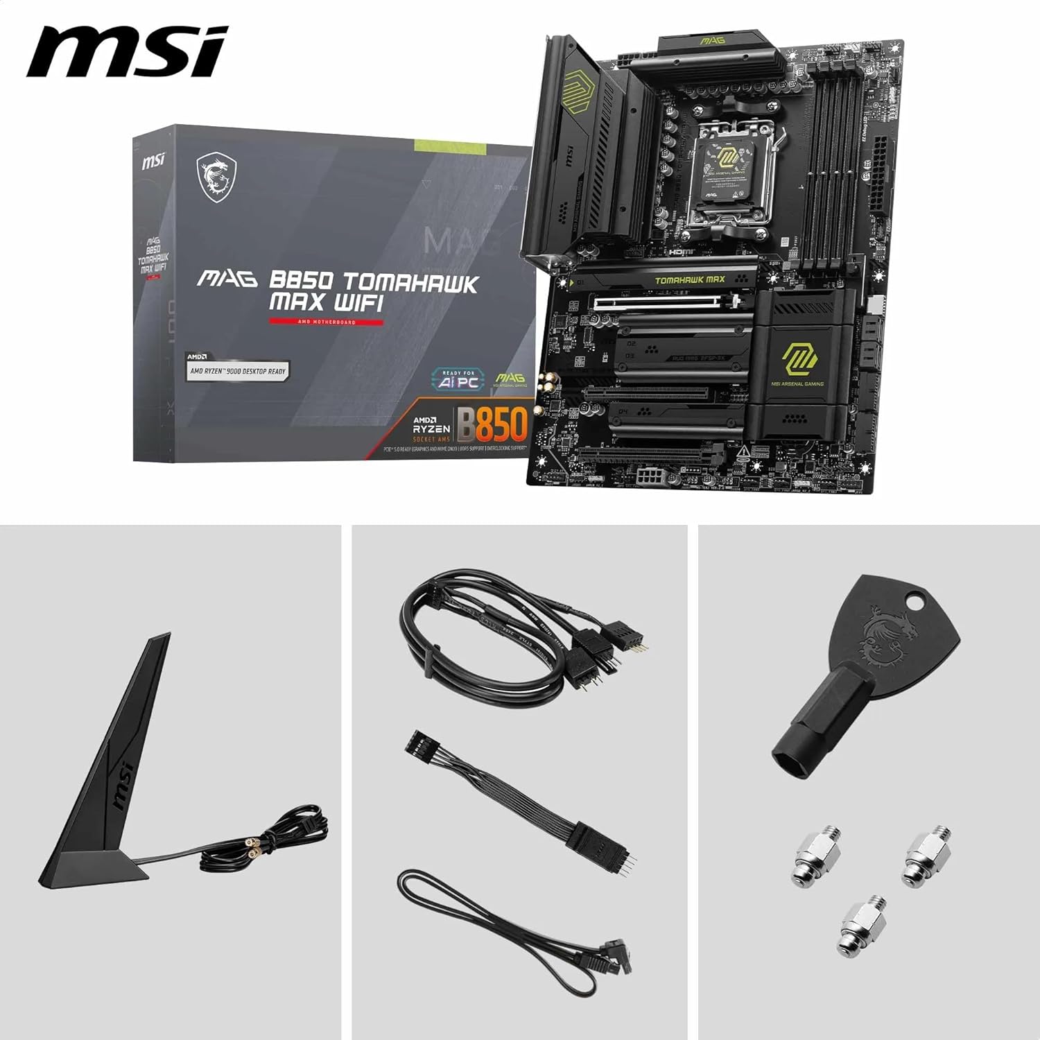 MSI MAG B850 Tomahawk MAX WiFi Motherboard, ATX - Supports AMD Ryzen 9000/8000 / 7000 Processors, AM5-80A SPS VRM, DDR5 Memory Boost 8400+ MT/s (OC), PCIe 5.0 x16, M.2 Gen5, Wi-Fi 7, 5G LAN