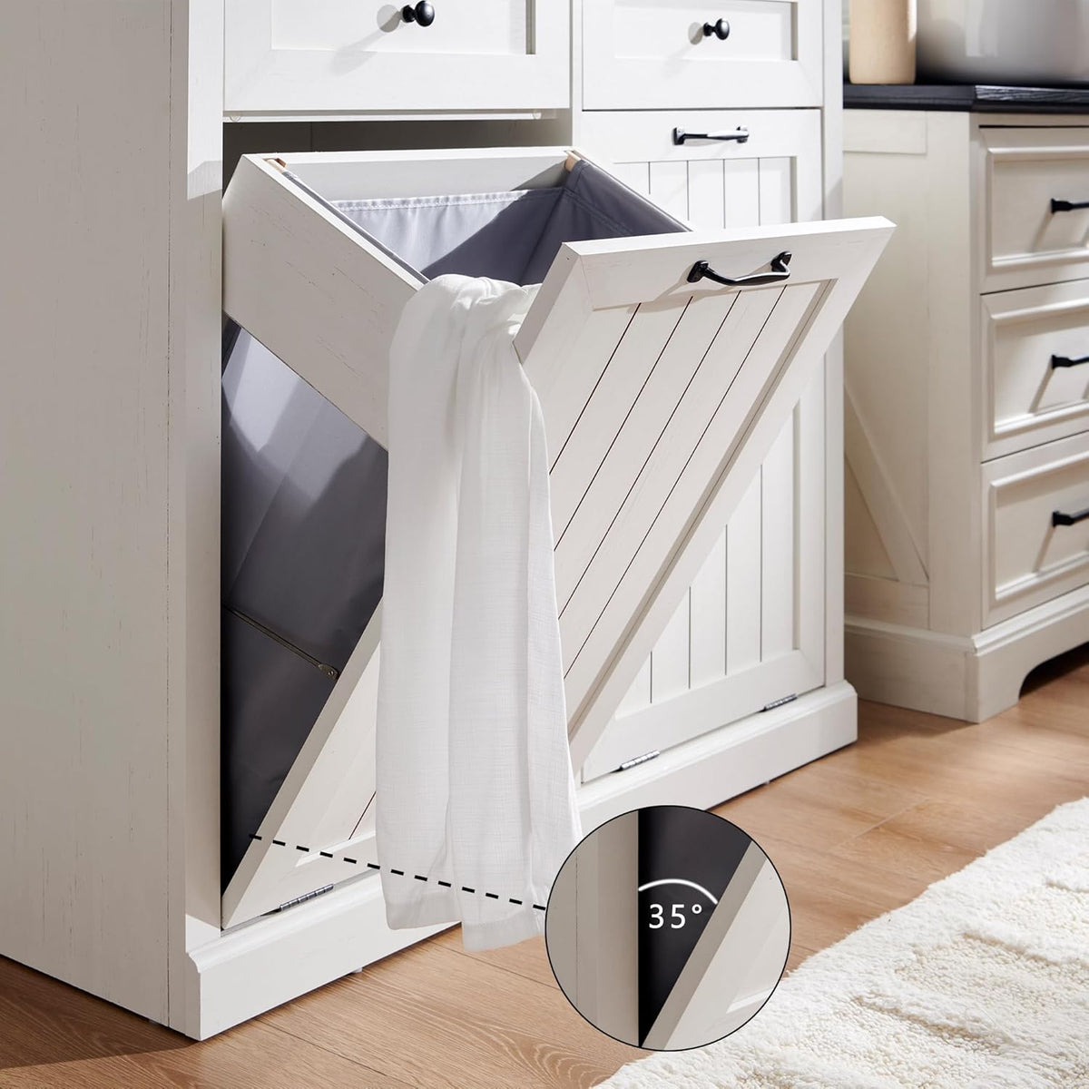 IFGET Double Tilt Out Trash Cabinet, 20 Gallon Farmhouse Laundry Hamper Cabinet with 2 Drawers, Hidden Wooden Trash Can Cabinets with Storage Basket for Kitchen, Living Room (Antique White)
