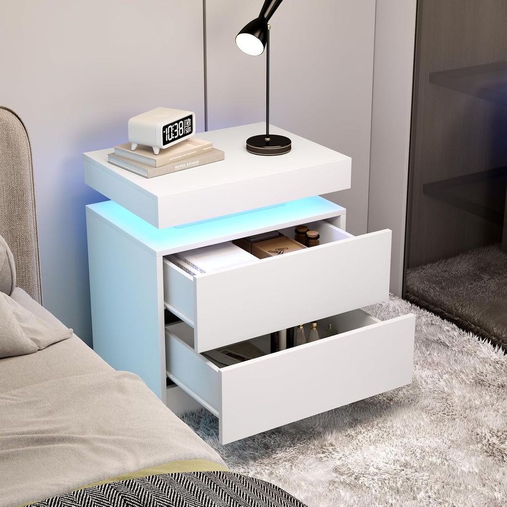LED Nightstands Set of 2, Modern White Night Stand End Tables with APP & Remote Control LED Lighting, 2 Drawers, Open Shelf Storage, Bedside Tables for Bedroom and Living Room