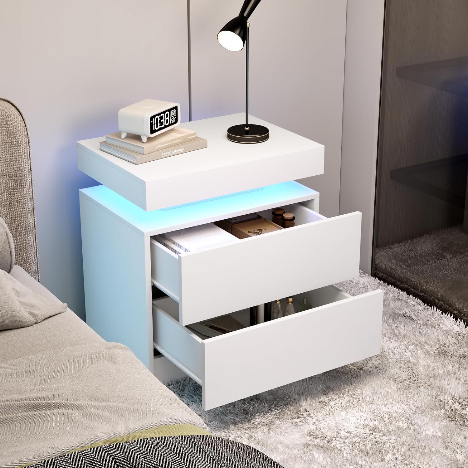 LED Nightstands Set of 2, Modern White Night Stand End Tables with APP & Remote Control LED Lighting, 2 Drawers, Open Shelf Storage, Bedside Tables for Bedroom and Living Room