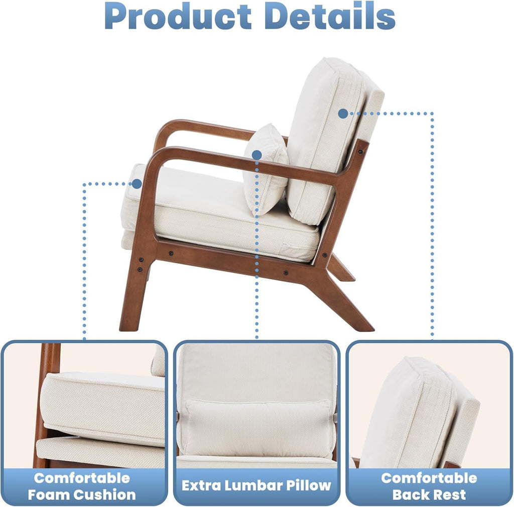 DUMOS Accent Chairs Set of 2,Mid Century Modern Chair with Arms and Waist Cushion, Reading Chairs for Adults, Lounge Chair for Living Room and Bedroom, Solid Wooden Frame, Cream