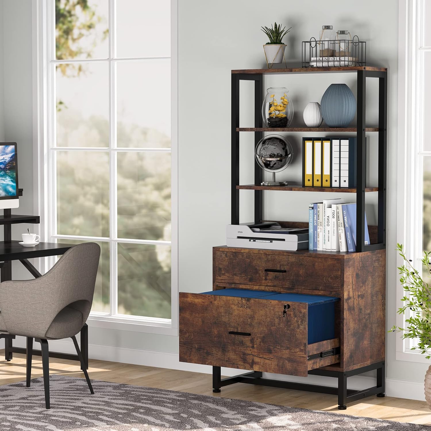 Tribesigns 2 Drawer Lateral File Cabinet with Lock, Letter Size Large Modern Filing Cabinet Printer Stand with Open Storage Shelves for Home Office, Dark Brown