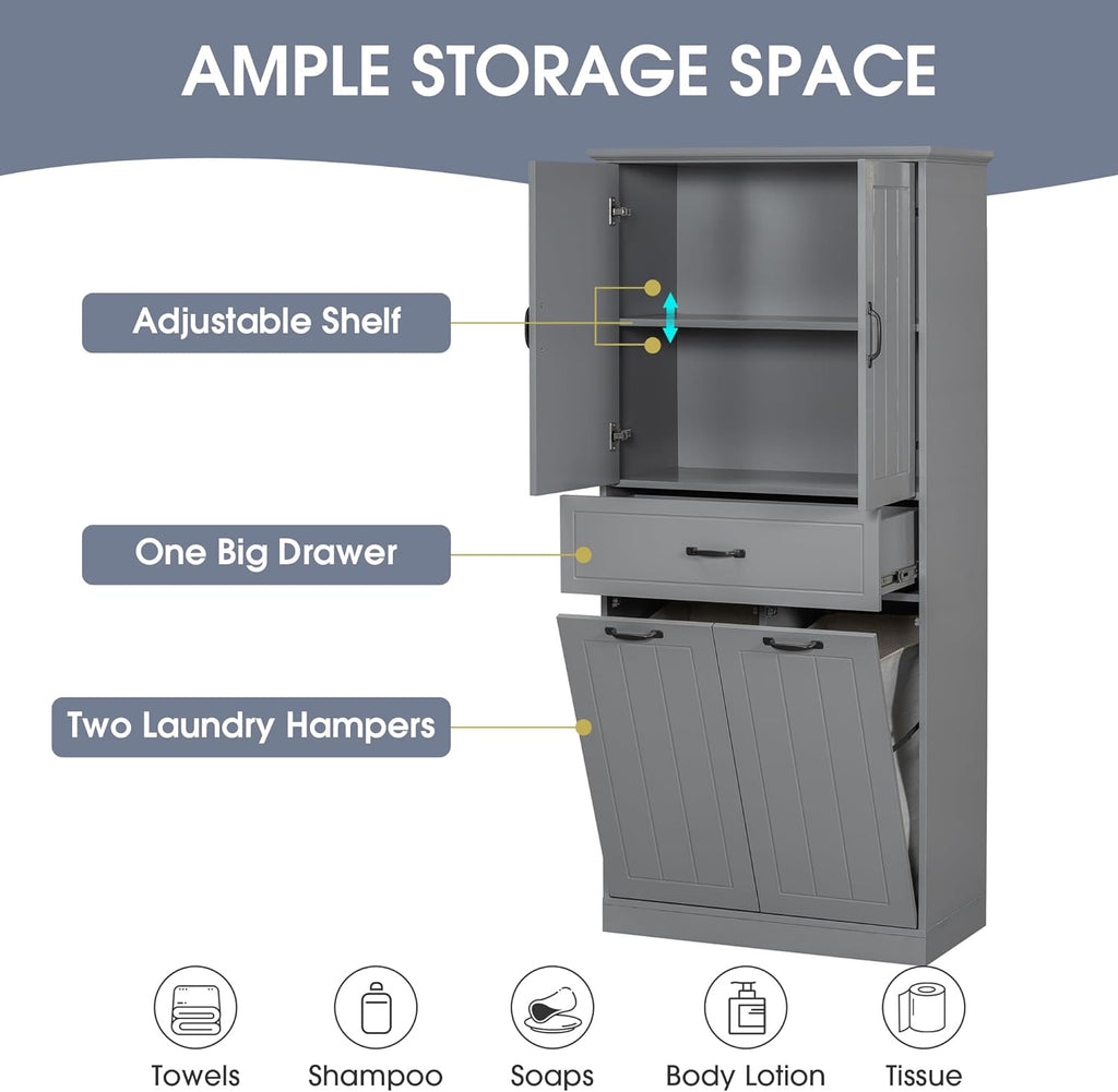 Merax Cabinet with 2 Tilt-Out Laundry Hamper Baskets, Modern Tall Bathroom Storage Organizer Linen with Drawers and Doors for Home, Freestanding, Grey