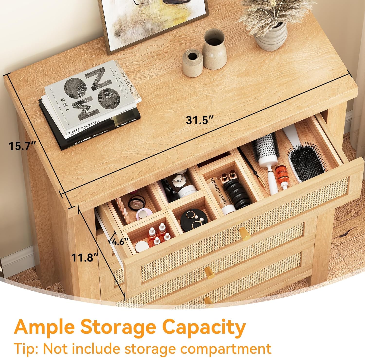 Natural Rattan Dresser for Bedroom with 5 Drawers, Wood Boho Chest of Drawers with Gold Metal Handle, Matte Top Bedroom Tall Dresser with Large Drawers for Living Room, Closet, Hallway, (Nartual)