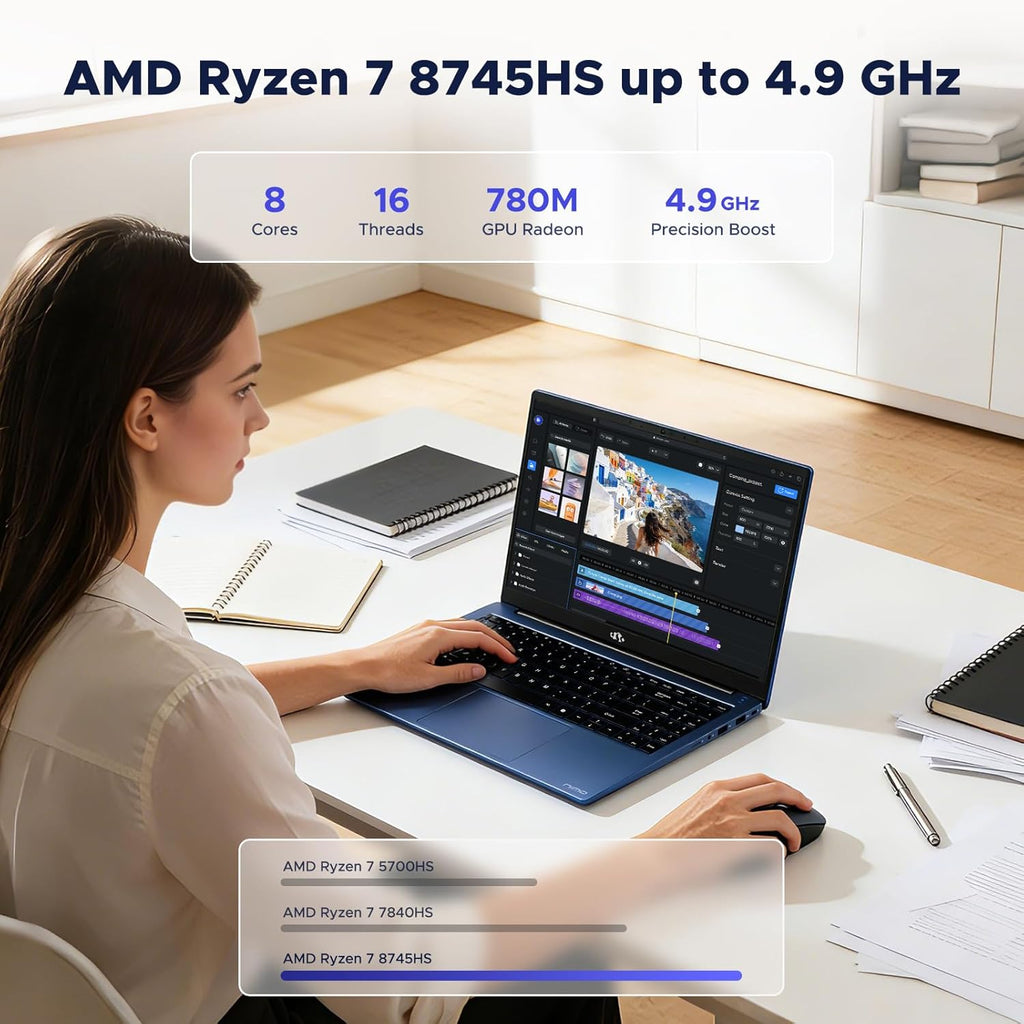NIMO 15.6" FHD-Business-Laptop, 8 Cores AMD Ryzen 7 8745HS 16GB RAM 512GB SSD (Up to 4.9GHz, Beat R9 7940HS), Radeon-780M, 100W Fast PD for Creators & Professionals Work/Gaming, 2-Year Warranty