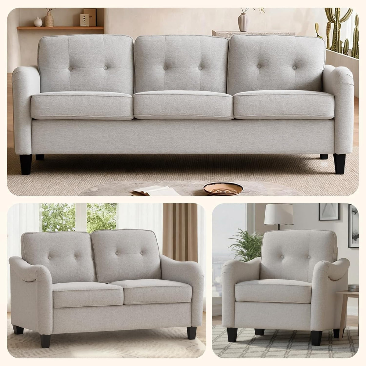 3 Piece Sofa and Loveseat Sets,Three Seat Sofa and Loveseat,Singel Armchair with Nail Head Trim Linen Upholstered with Tufted Back Cushions Curved Armrests Couches for Living Room Beige