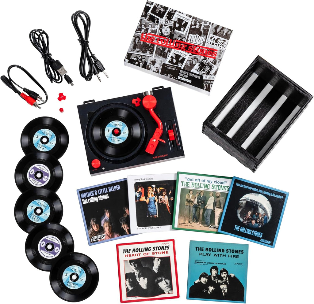 Crosley CR6037BT-RS Rolling Stones RSD3 Mini Turntable with Crate and Six 3-Inch Singles