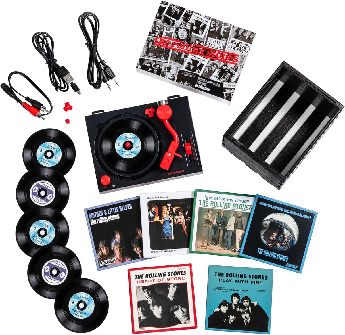 Crosley CR6037BT-RS Rolling Stones RSD3 Mini Turntable with Crate and Six 3-Inch Singles
