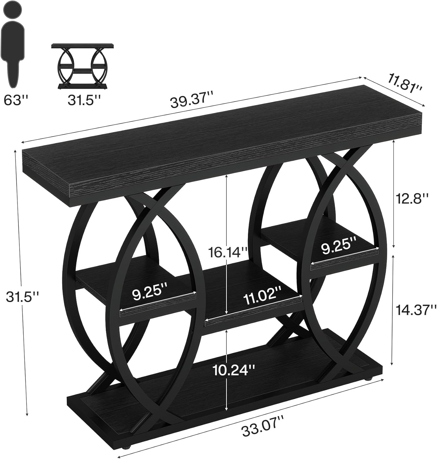 Tribesigns 39.4" Console Table, Industrial 4-Tier Sofa Table Entryway Table with Storage Shelves, Narrow Wood Accent Tables with Metal Frame for Small Spaces, Hallway, Foyer, Black