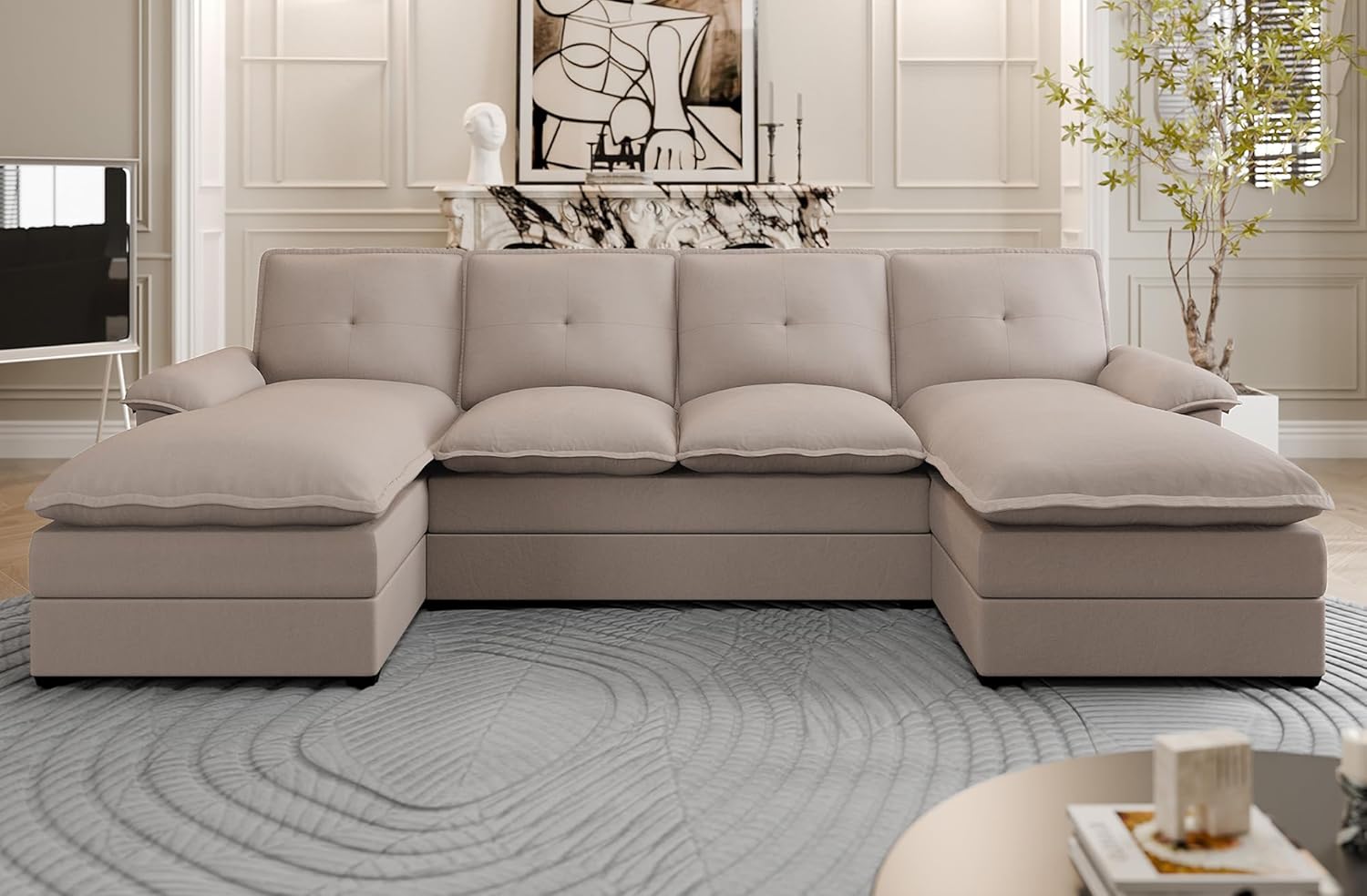 110" Sectional Couches for Living Room,4 Seat U Shape Modular Couch with Thick Cushion & Soft Backrest,Upholstered Sofa Couch with Double Chaise,Beige