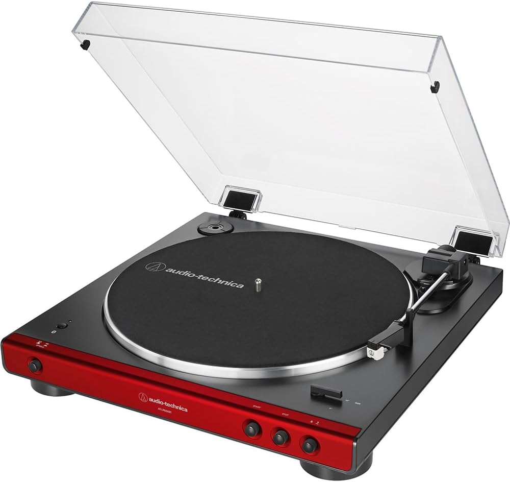 Audio-Technica AT-LP60XBT-RD Fully Automatic Belt-Drive Bluetooth Stereo Turntable, Red/Black Bundle with Record Care Solution, Deco Gear Cleaning Kit, Stroboscope and Record Stabilizer