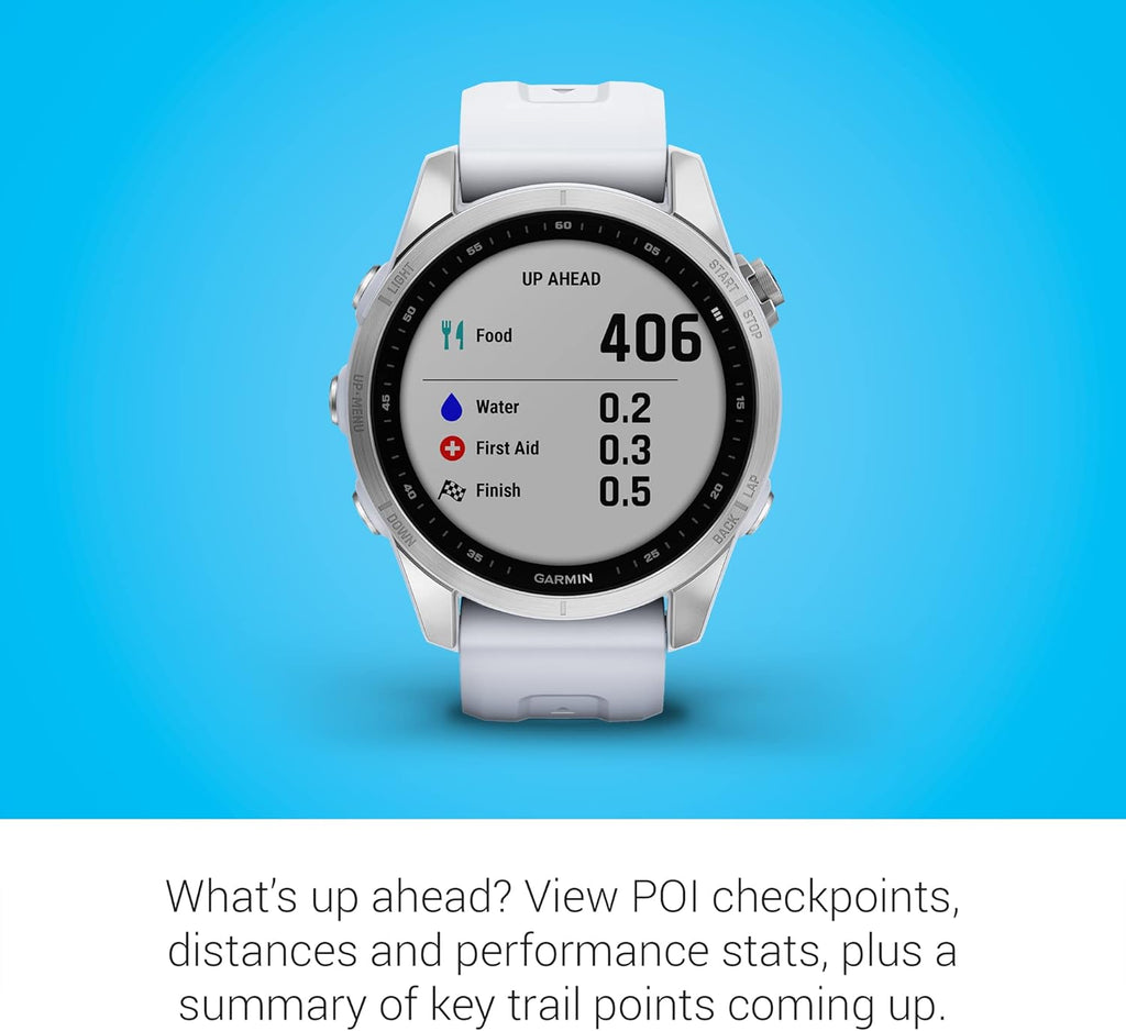 Garmin fenix 7S, Smaller sized adventure smartwatch, rugged outdoor watch with GPS, touchscreen, health and wellness features, silver with whitestone band (Renewed)